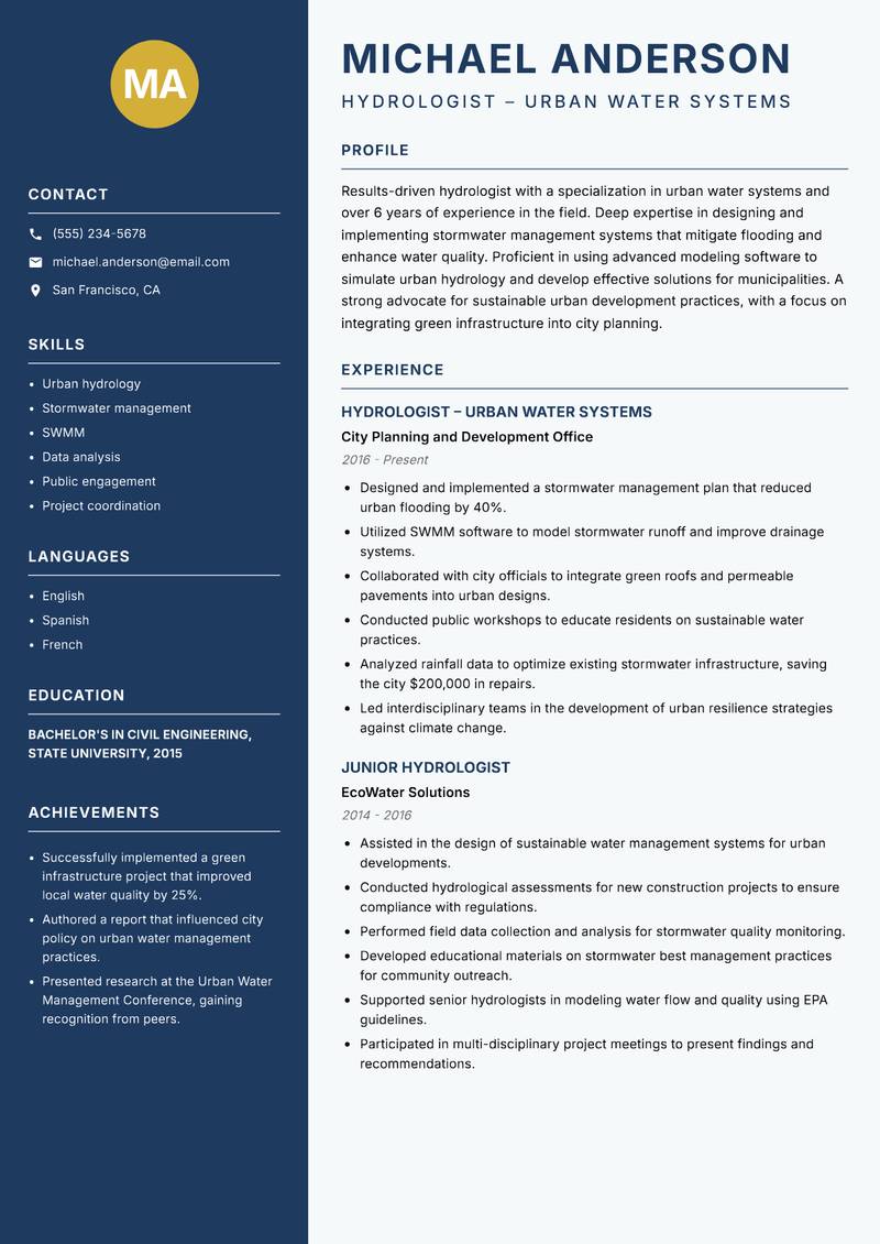 Hydrologist Resume Preview Example