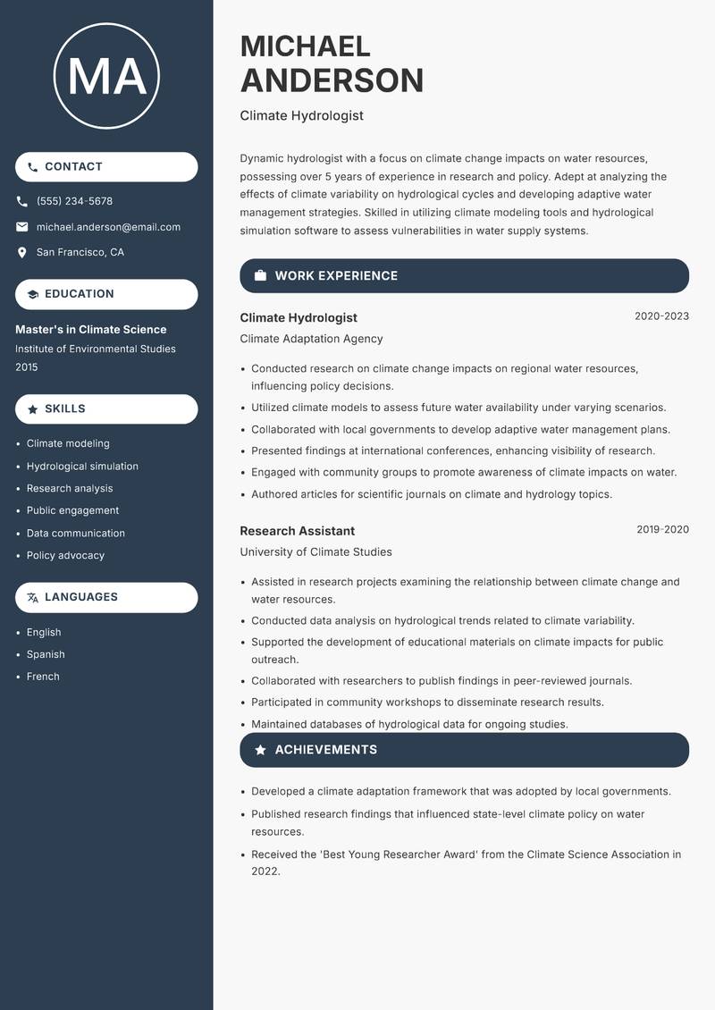Hydrologist Resume Preview Example