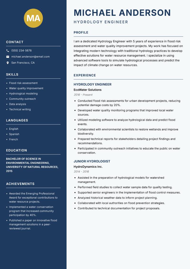 Hydrology Engineer Resume Preview Example