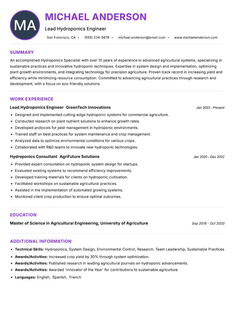 Hydroponics Specialist Resume Preview Example