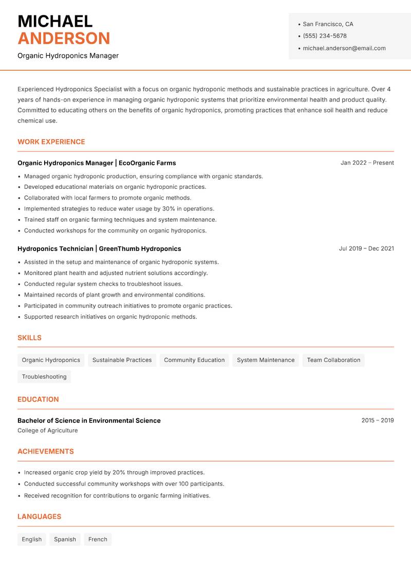 Hydroponics Specialist Resume Template
