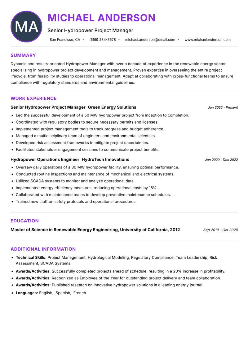 Hydropower Manager Resume Preview Example