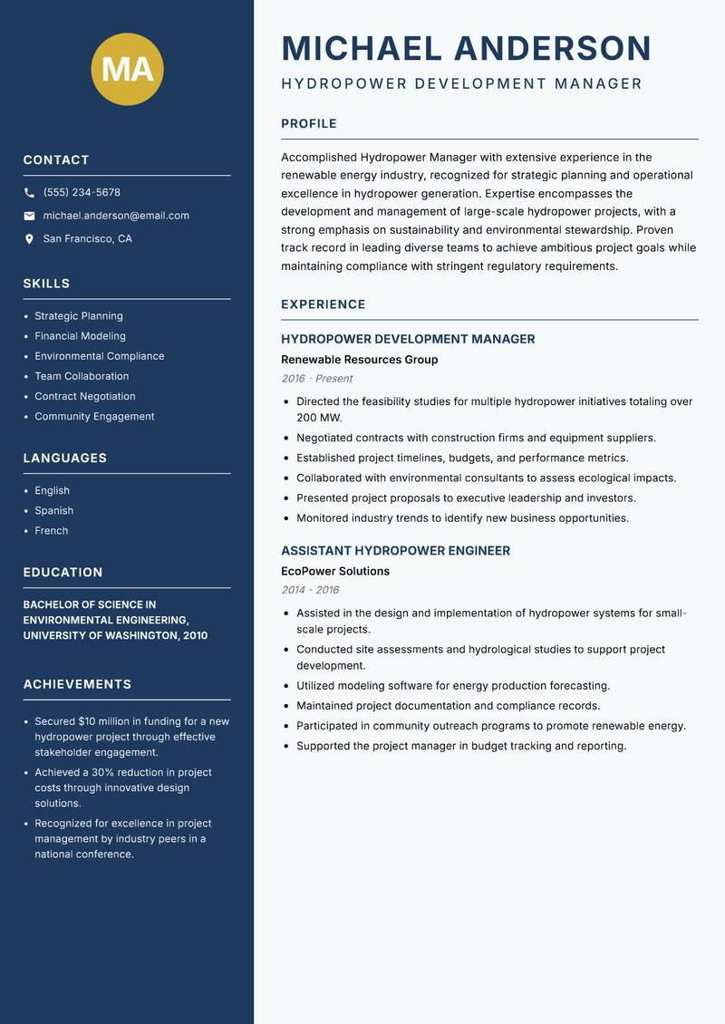 Hydropower Manager Resume Preview Example
