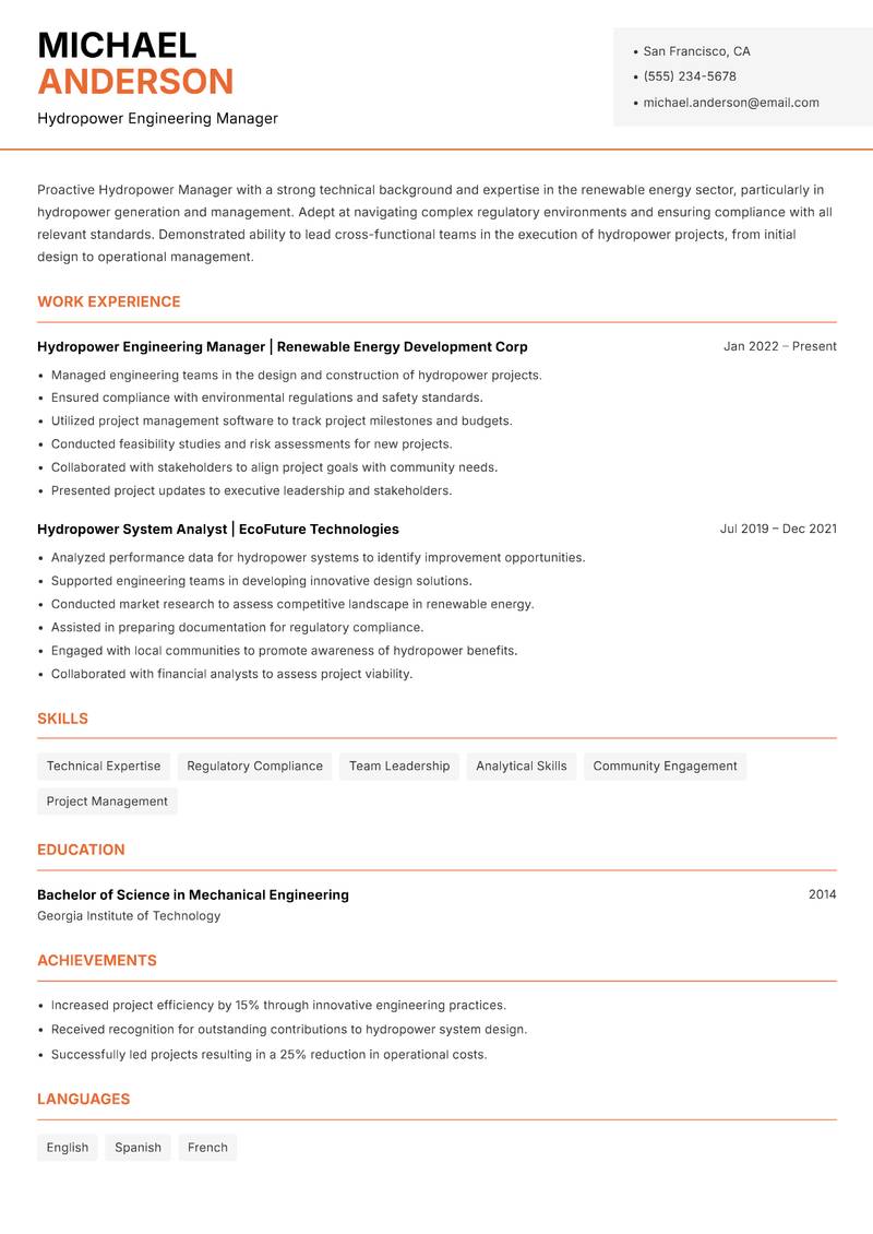 Hydropower Manager Resume Template