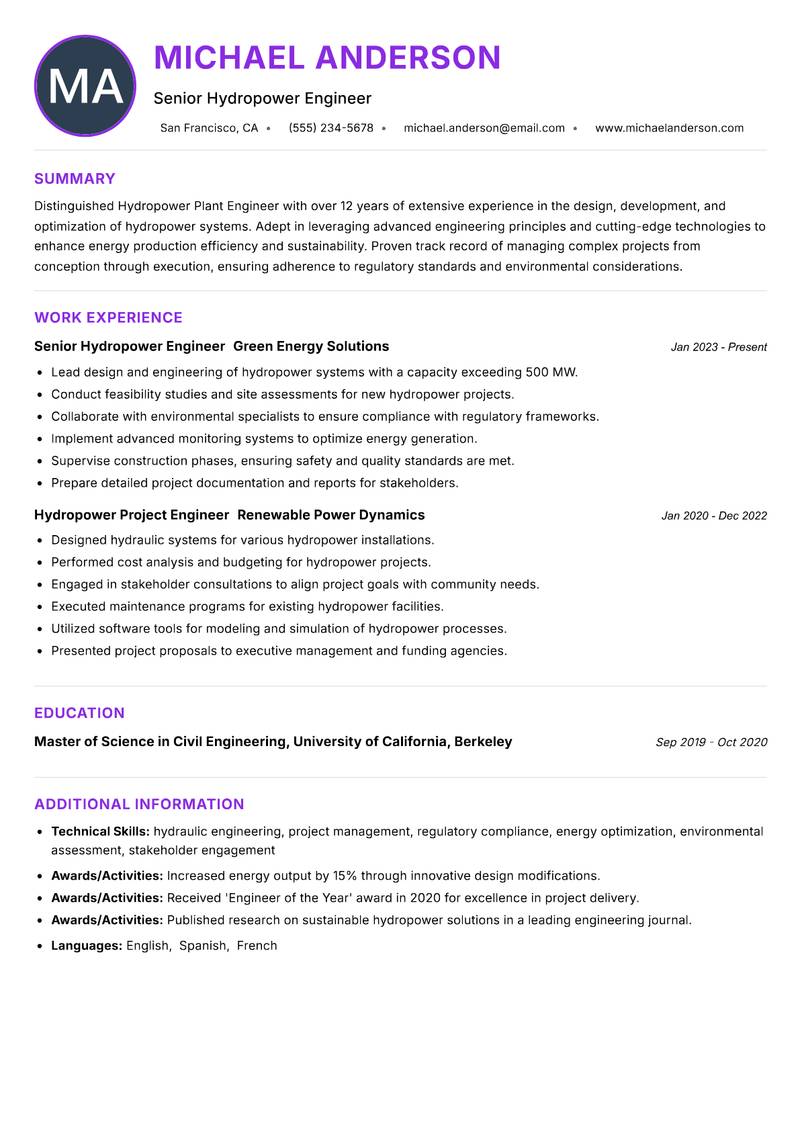Hydropower Plant Engineer Resume Preview Example