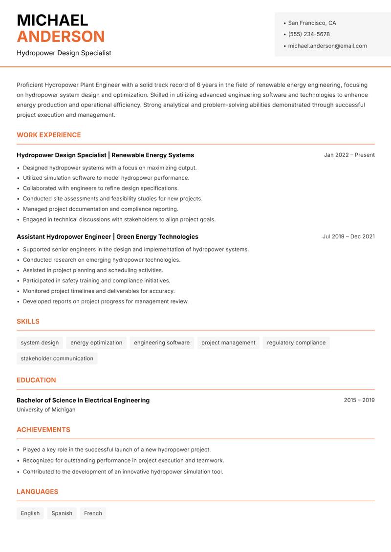 Hydropower Plant Engineer Resume Template