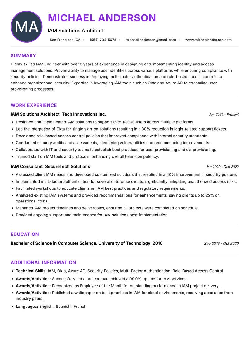 IAM Engineer Resume Preview Example