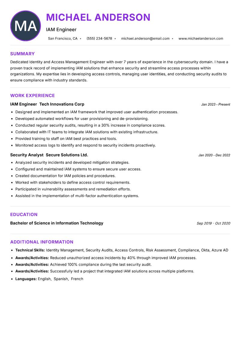 Identity and Access Management Engineer Resume Preview Example