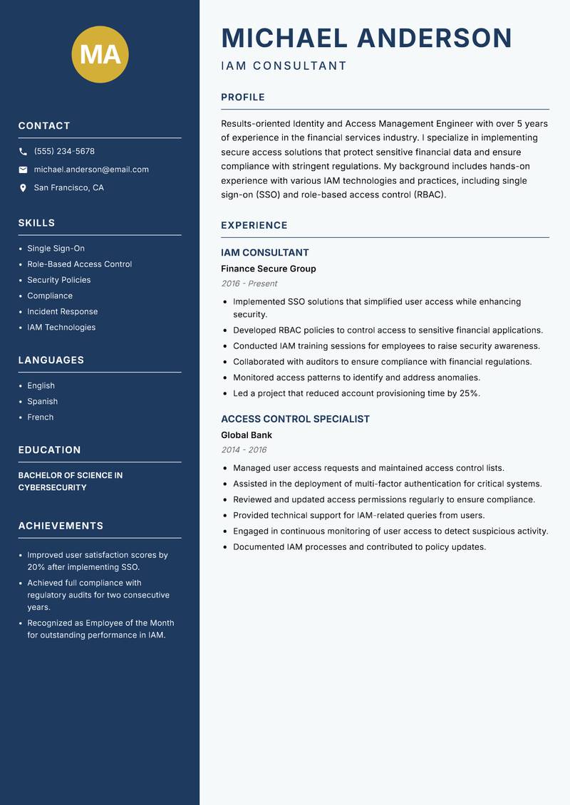 Identity and Access Management Engineer Resume Preview Example