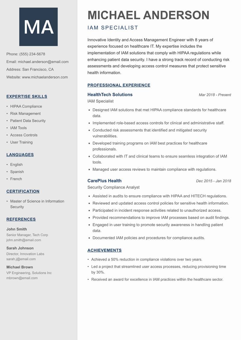 Identity and Access Management Engineer Resume Preview Example