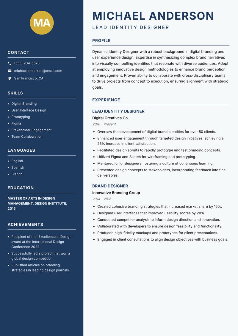 Identity Designer Resume Preview Example