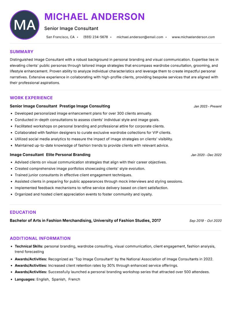 Image Consultant Resume Preview Example
