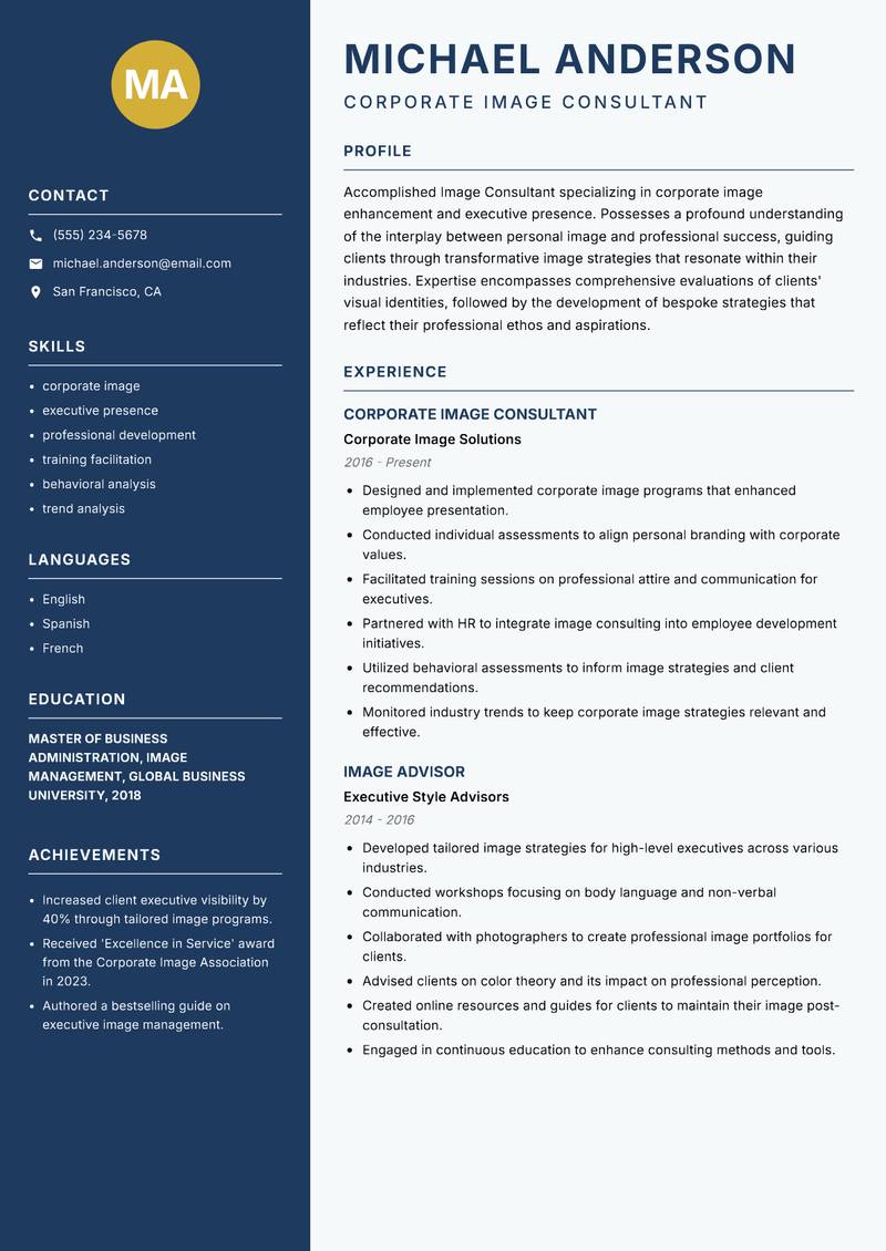 Image Consultant Resume Preview Example