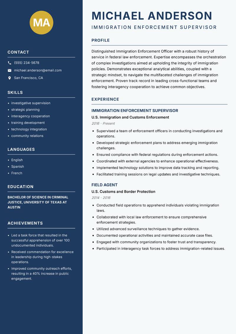 Immigration Enforcement Officer Resume Preview Example