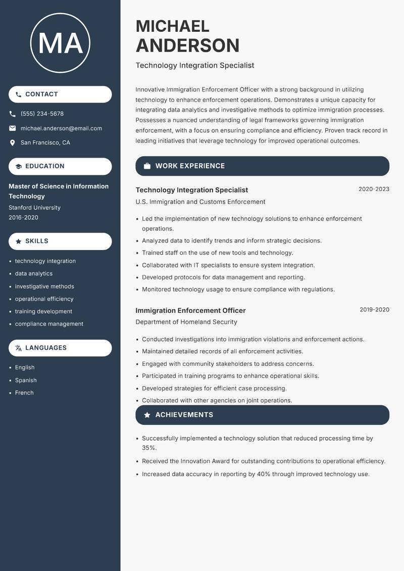 Immigration Enforcement Officer Resume Preview Example