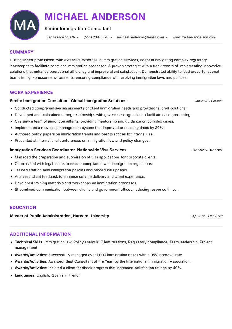 Immigration Services Executive Resume Preview Example