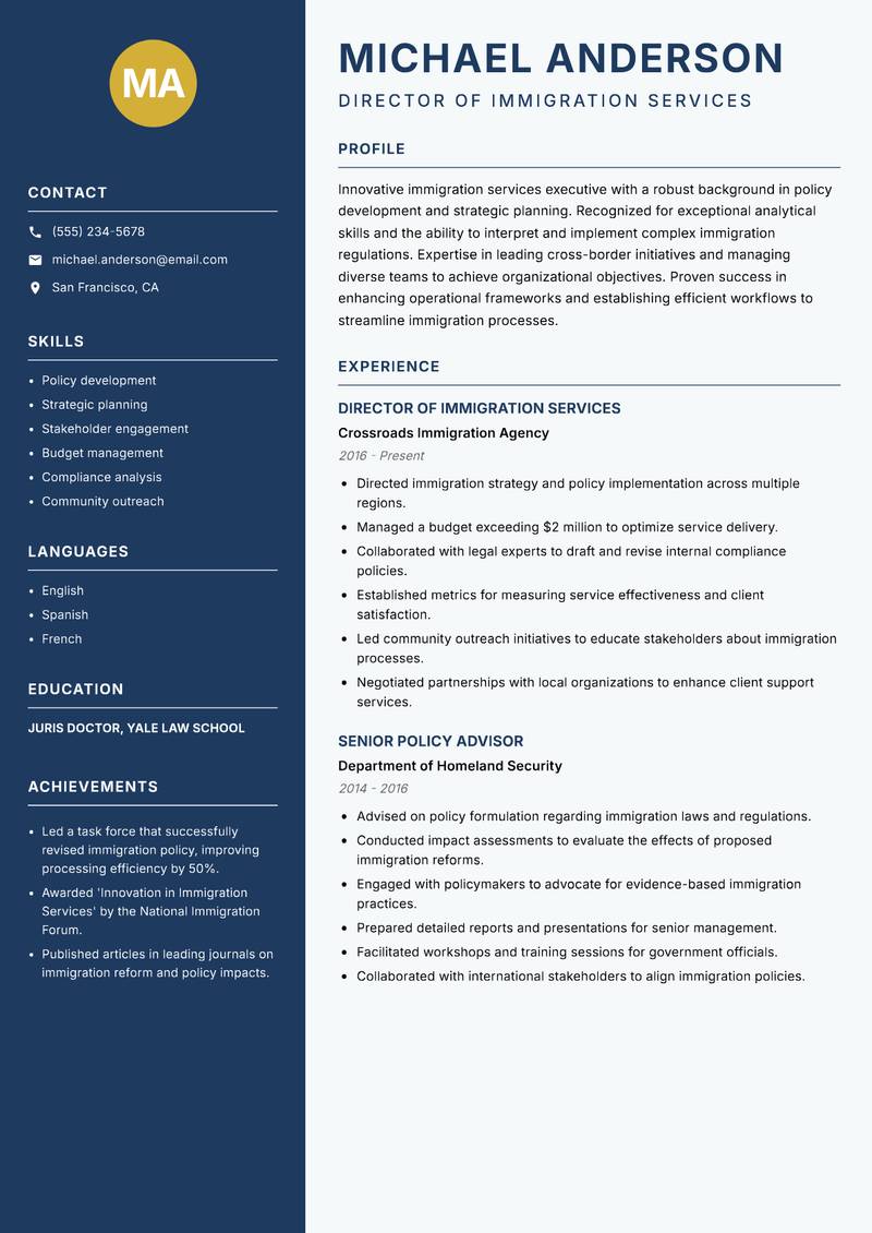 Immigration Services Executive Resume Preview Example