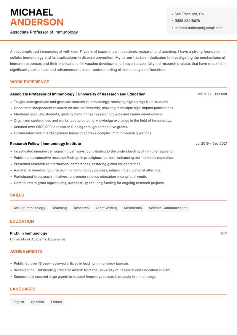 Immunologist Resume Template