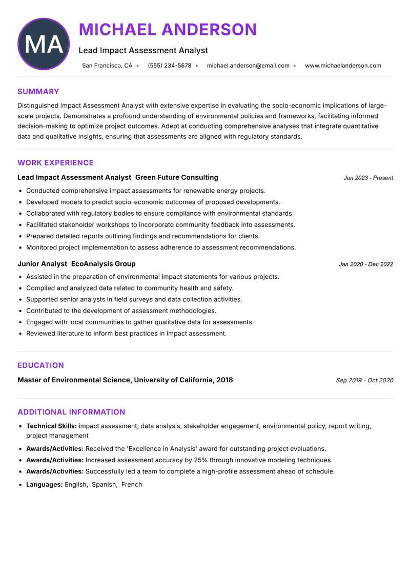 Impact Assessment Analyst Resume Preview Example