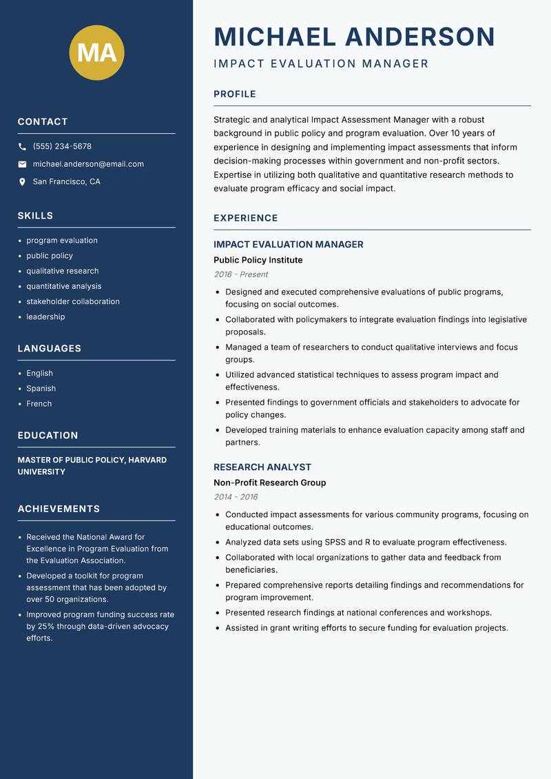 Impact Assessment Manager Resume Preview Example