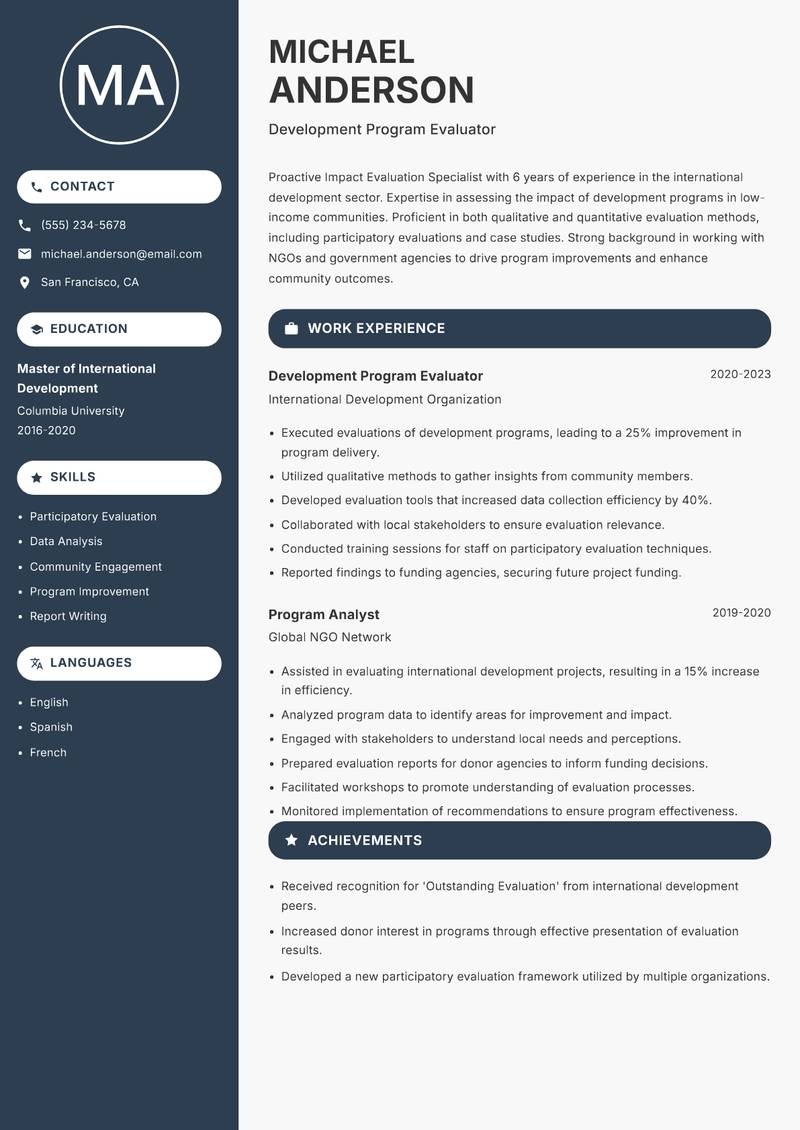 Impact Evaluation Specialist Resume Preview Example