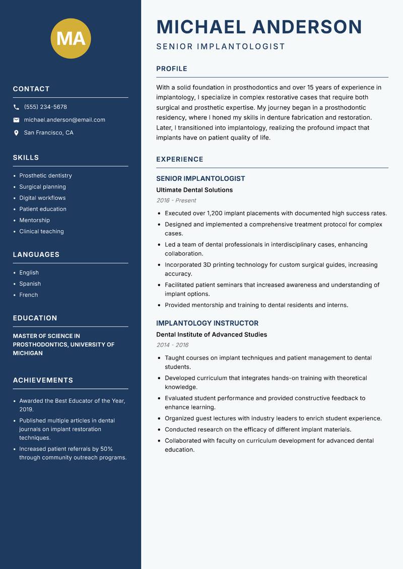Implantologist Resume Preview Example