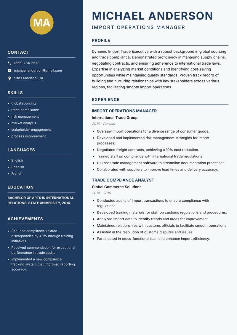 Import Trade Executive Resume Preview Example