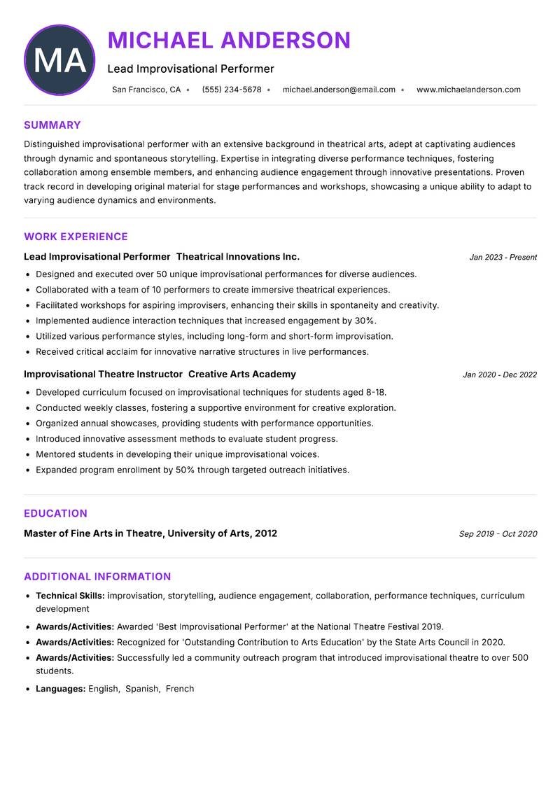 Improvisational Performer Resume Preview Example
