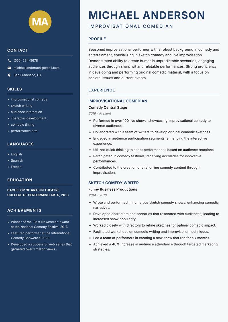 Improvisational Performer Resume Preview Example
