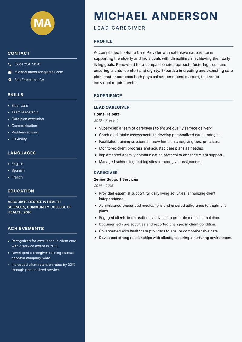 In-Home Care Provider Resume Preview Example