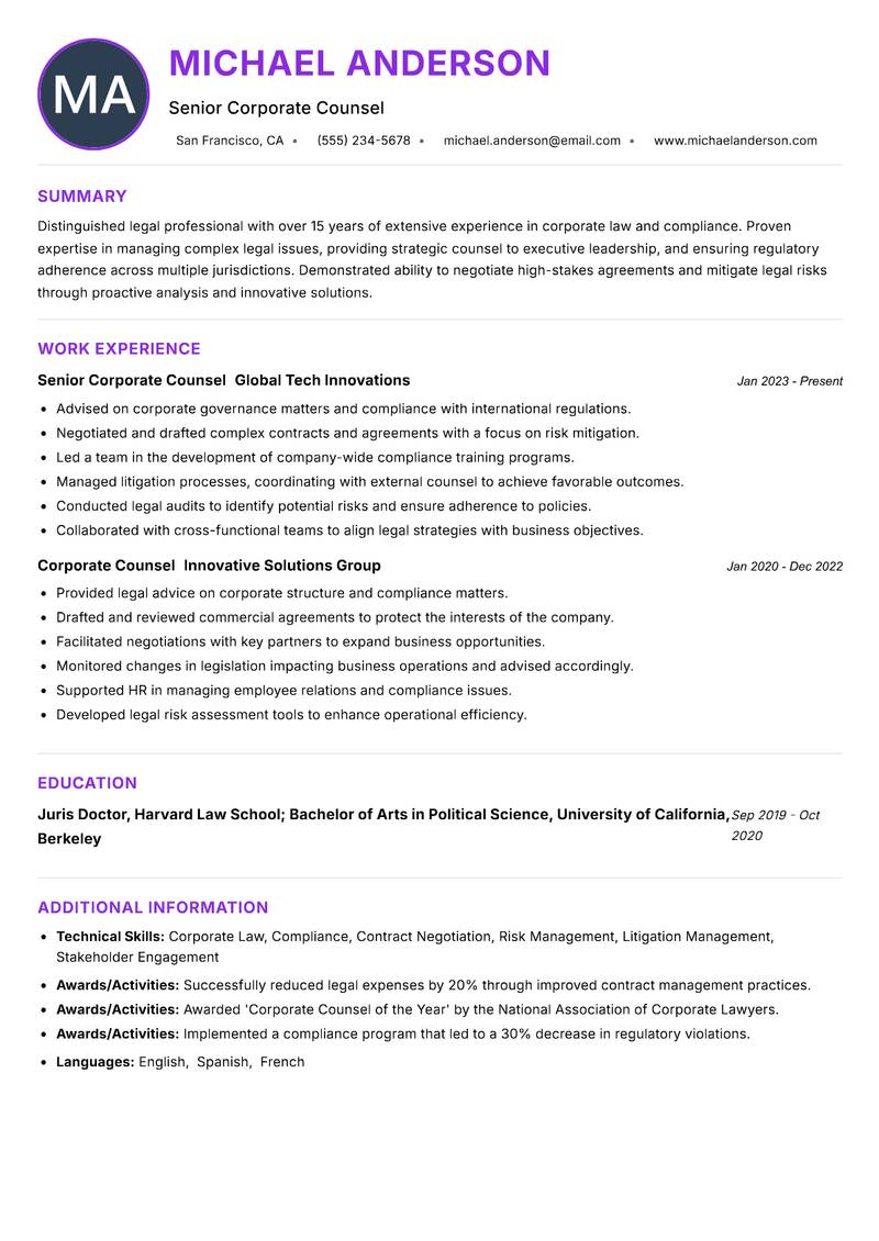 In House Counsel Resume Preview Example