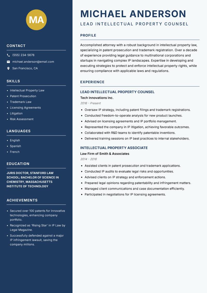 In House Counsel Resume Preview Example