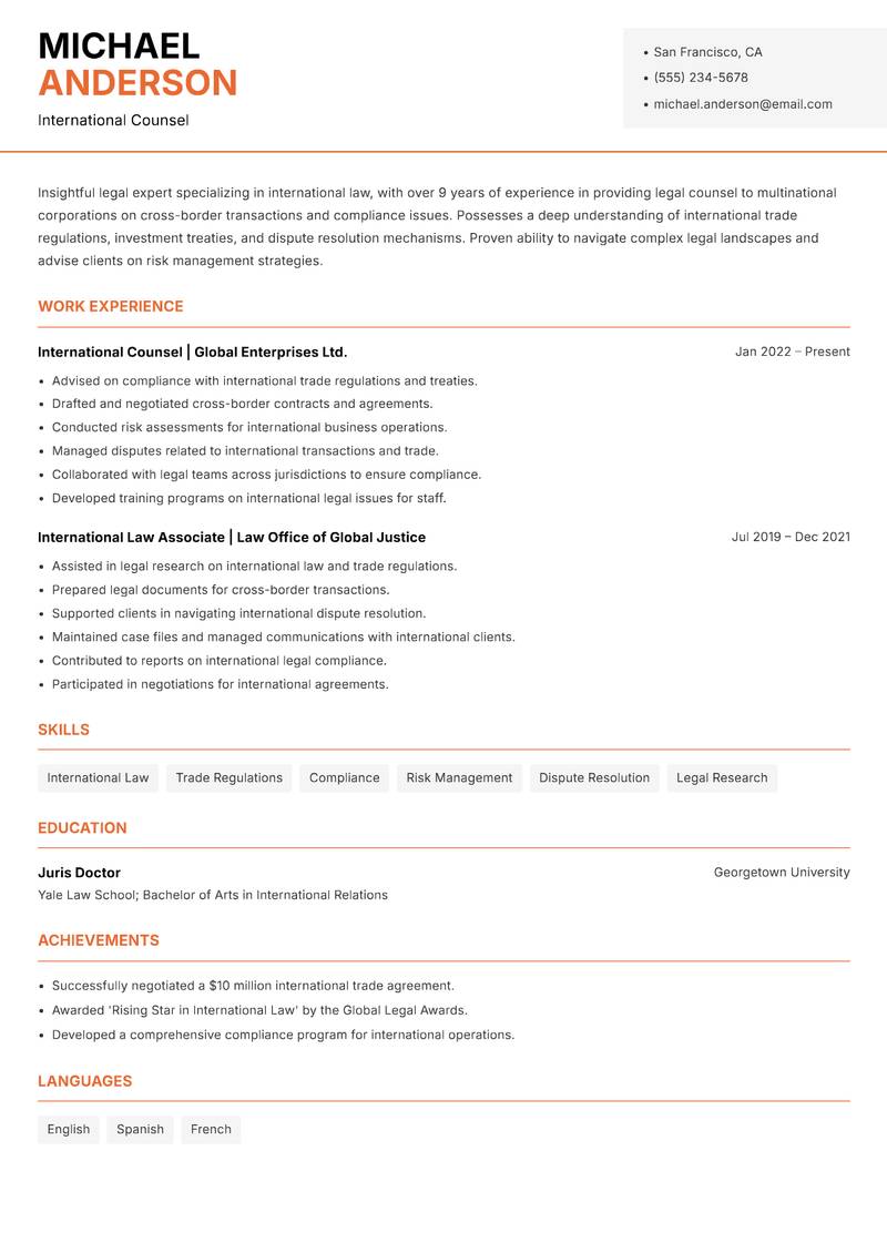 In House Counsel Resume Template