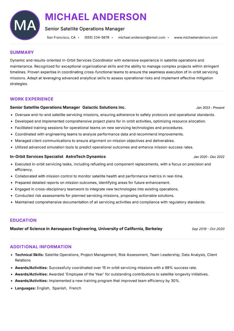 In-Orbit Services Coordinator Resume Preview Example