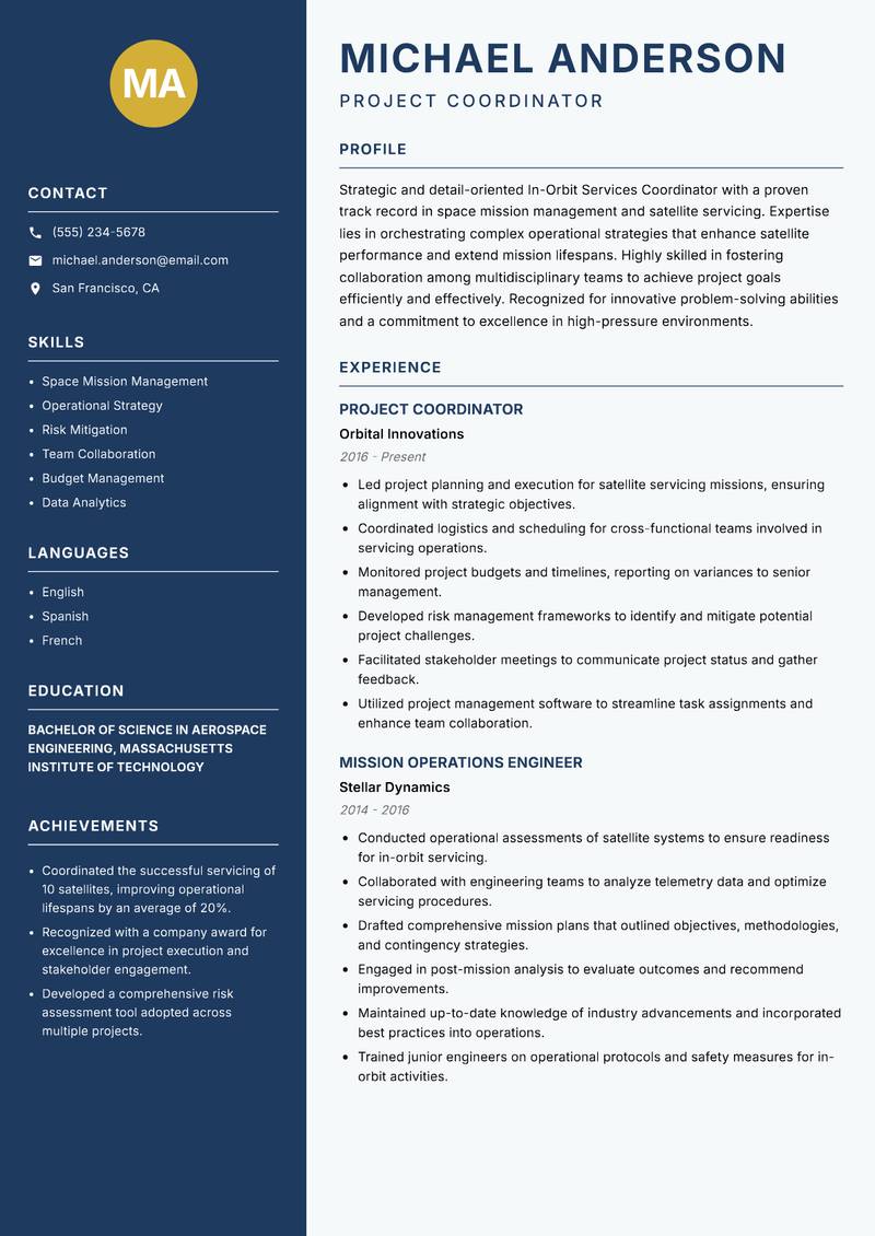 In-Orbit Services Coordinator Resume Preview Example