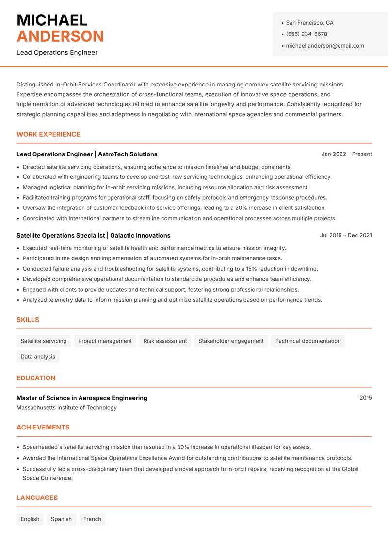 In-Orbit Services Coordinator Resume Template