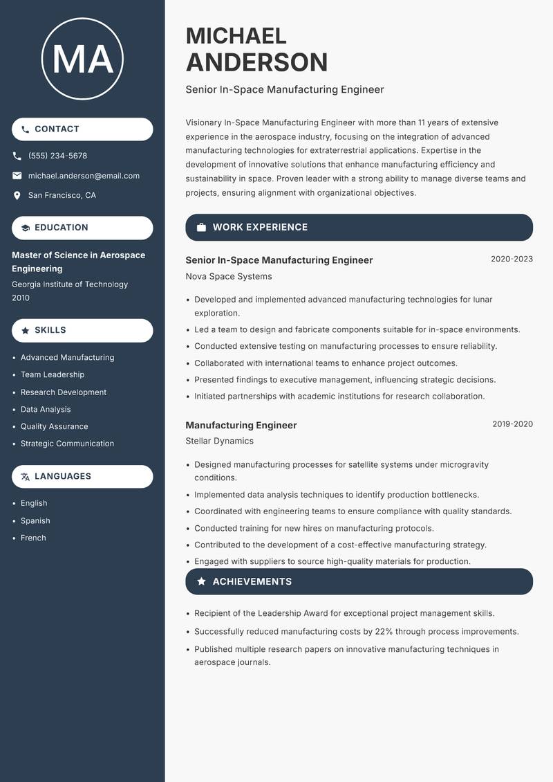In-Space Manufacturing Engineer Resume Preview Example
