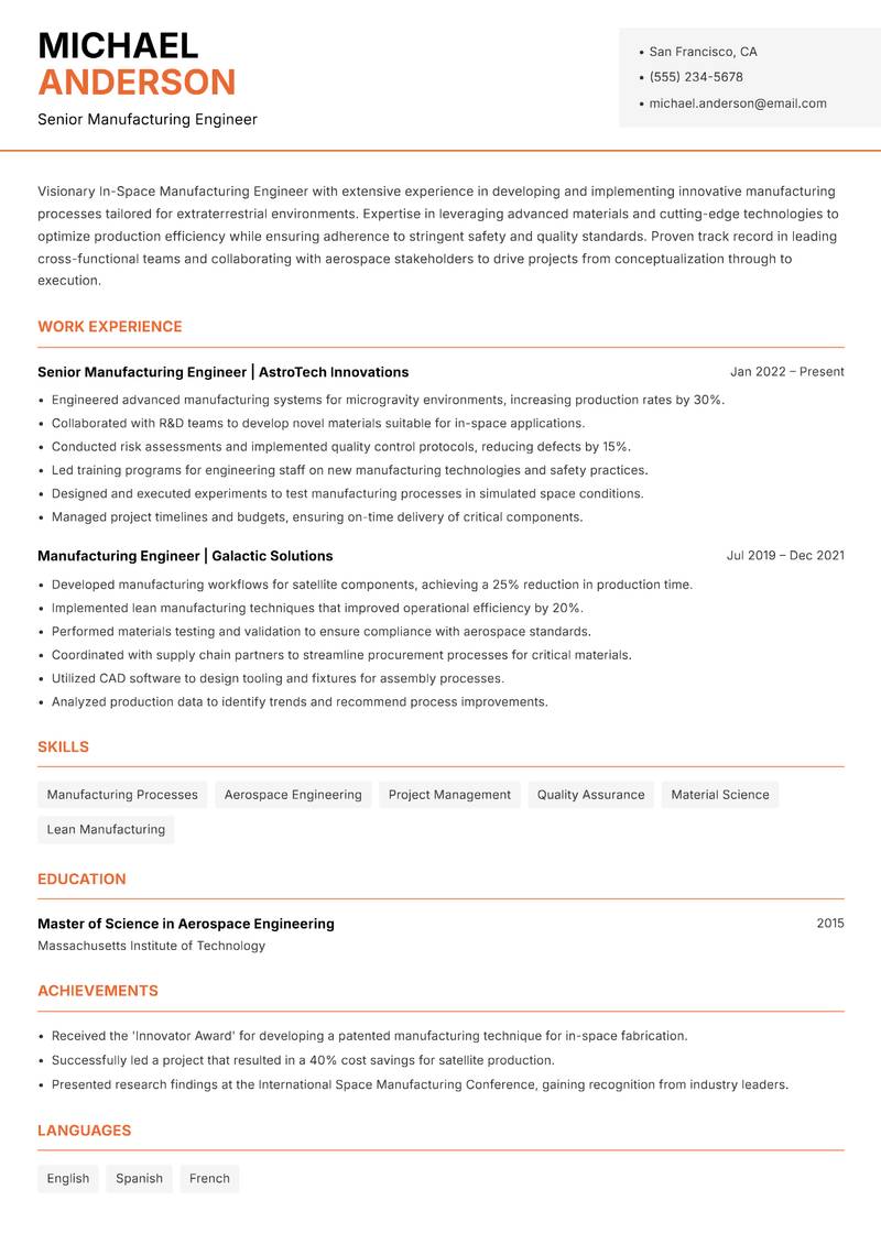 In-Space Manufacturing Engineer Resume Template