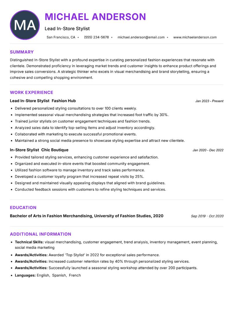 In-Store Stylist Resume Preview Example
