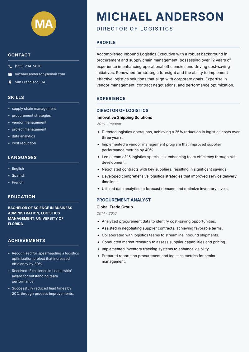 Inbound Logistics Executive Resume Preview Example