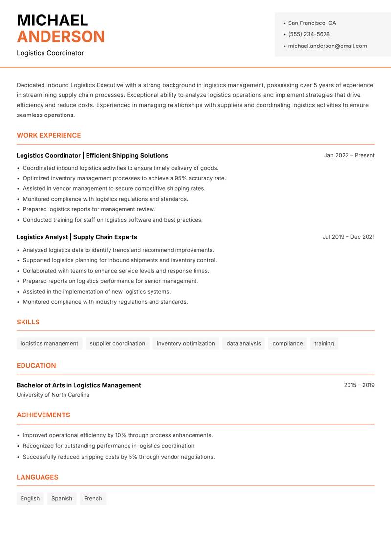 Inbound Logistics Executive Resume Template