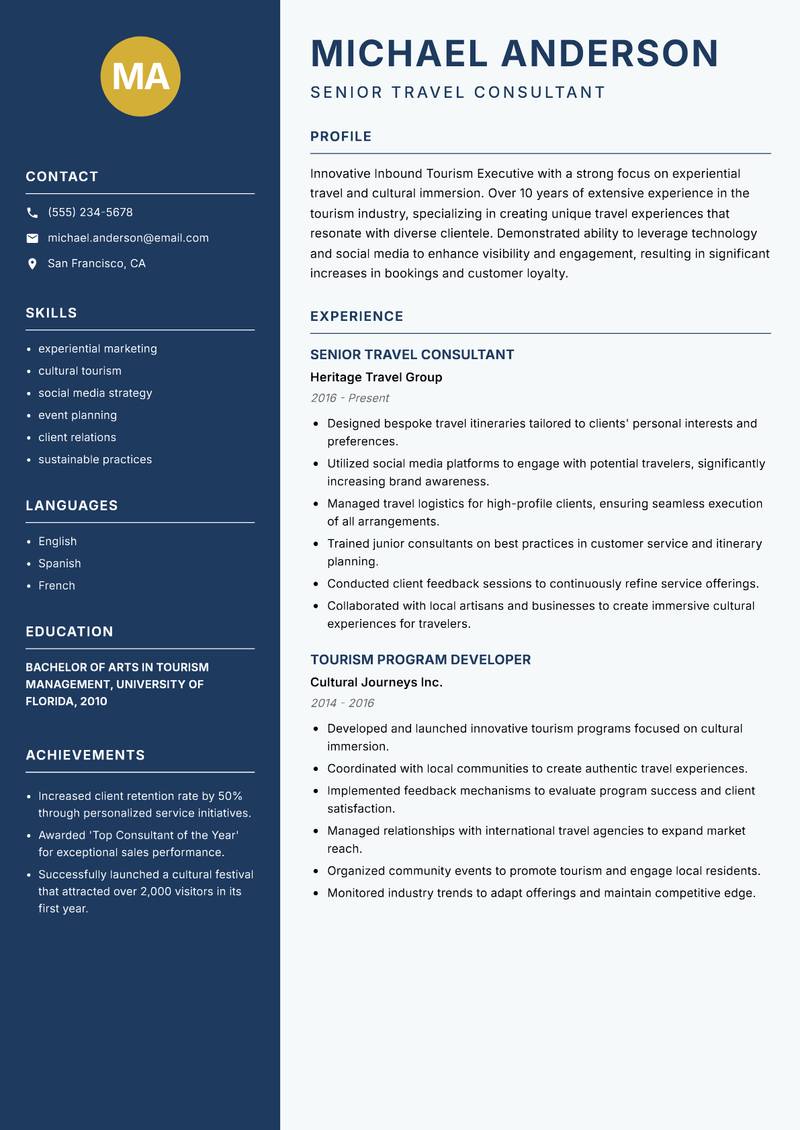 Inbound Tourism Executive Resume Preview Example