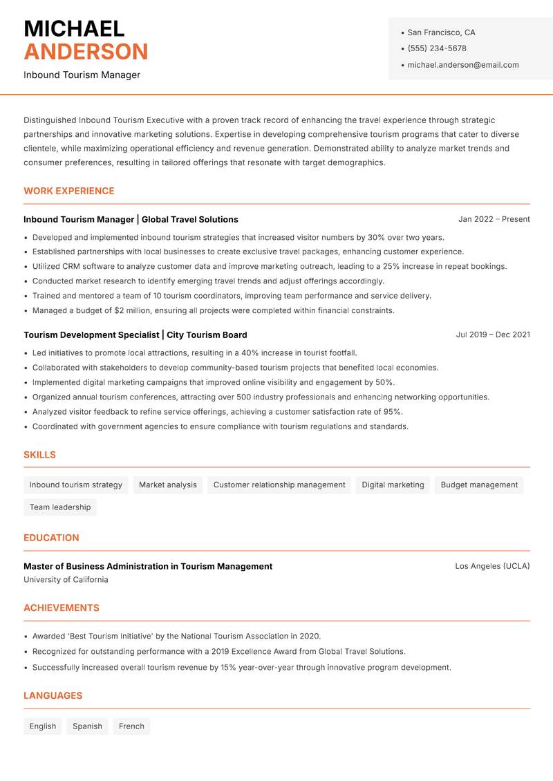Inbound Tourism Executive Resume Template