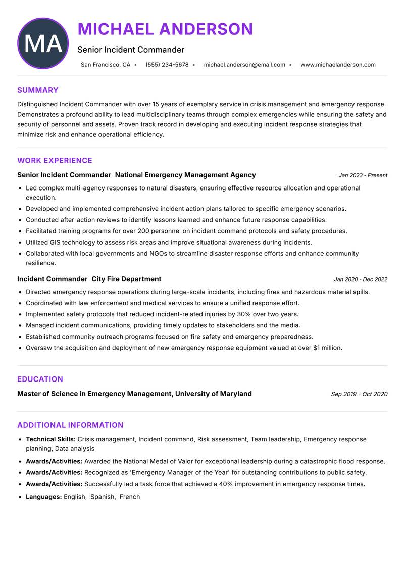 Incident Commander Resume Preview Example