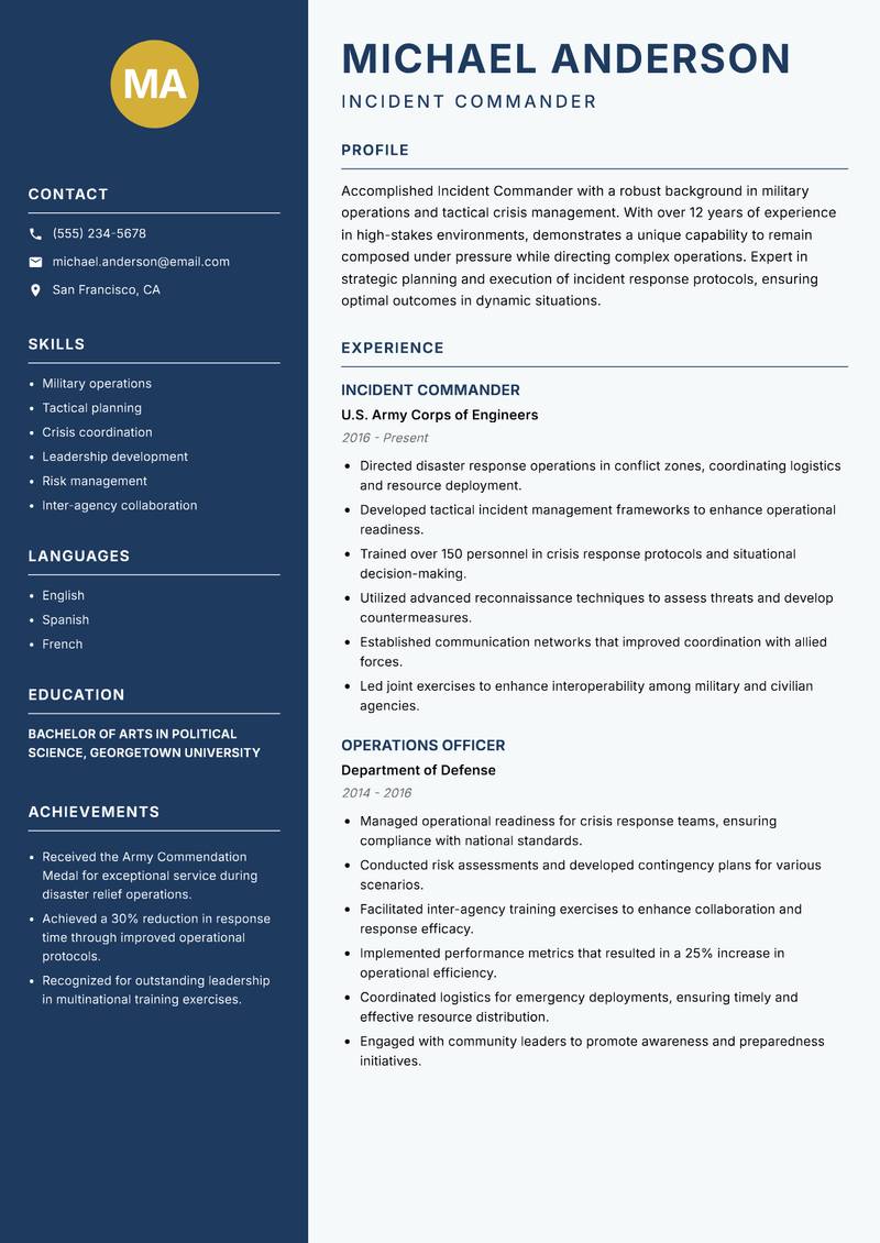 Incident Commander Resume Preview Example
