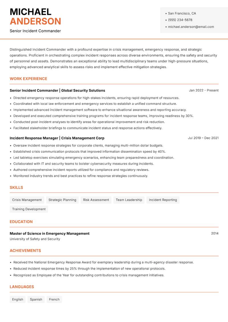 Incident Commander Resume Template