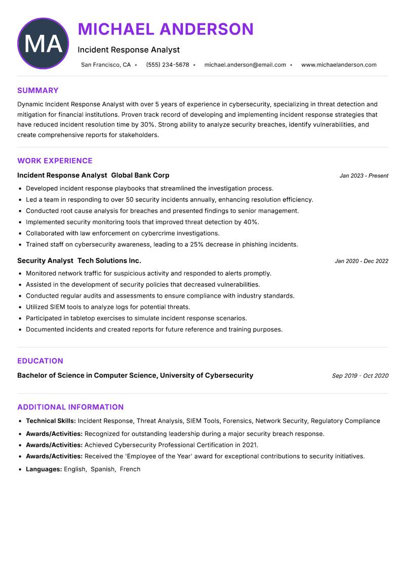 Incident Response Analyst Resume Preview Example