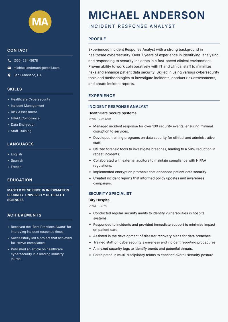 Incident Response Analyst Resume Preview Example