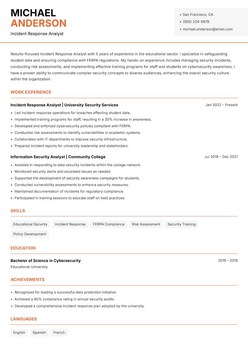Incident Response Analyst Resume Template