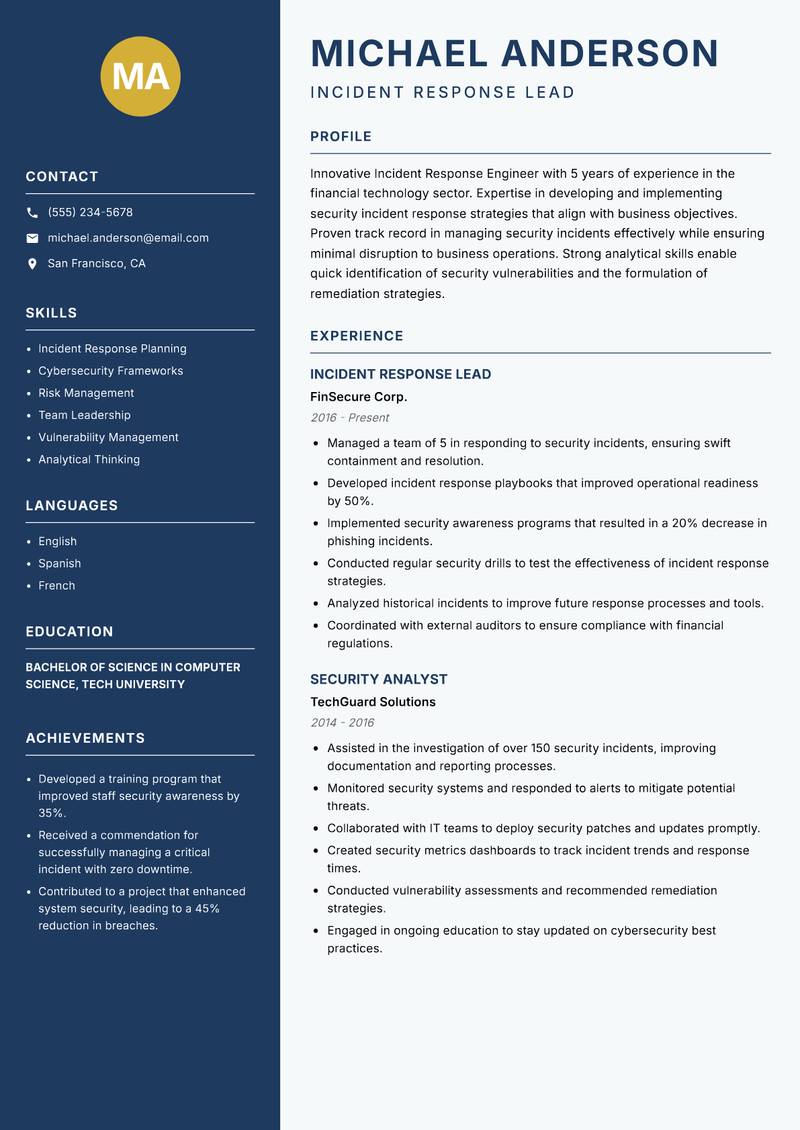 Incident Response Engineer Resume Preview Example